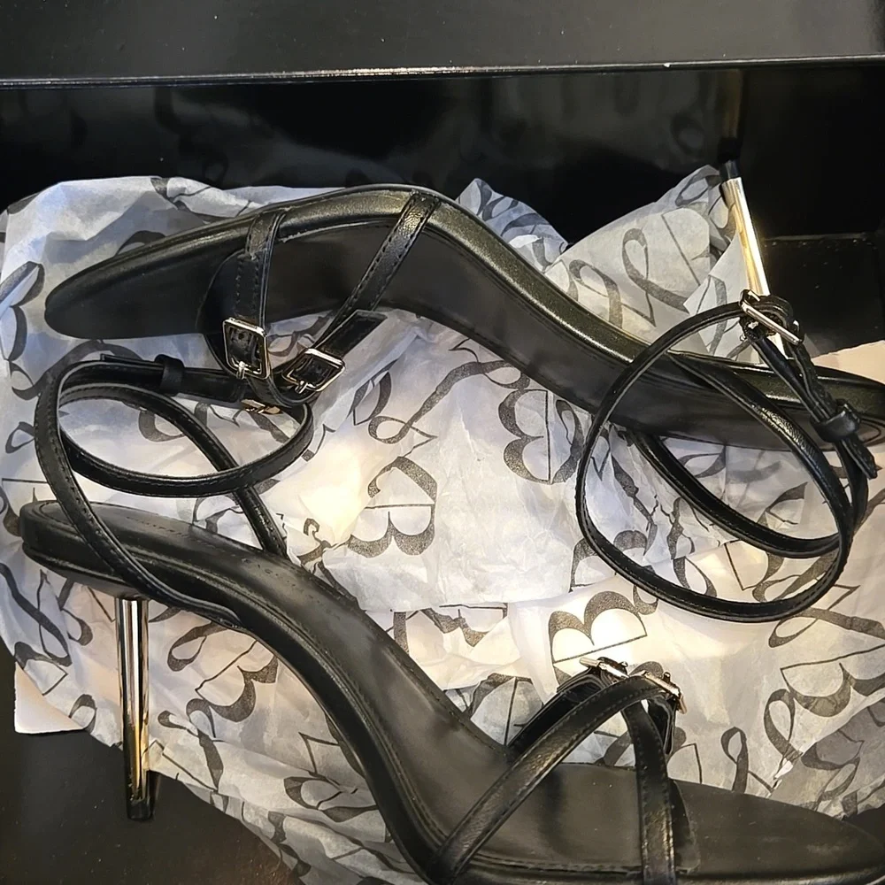 WHBM Black Strappy Gold Heels NEW IN BOX